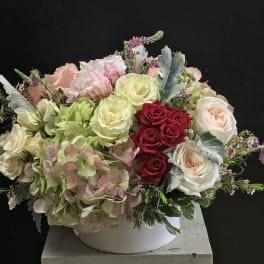 Mixed bouquet of roses and hydrangeas in a white container