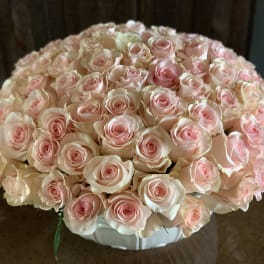 Large bouquet of pale pink roses in a white container