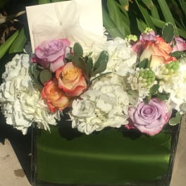 Mixed roses and white hydrangeas in a green box with a sheer bow