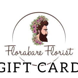 Florabare Florist gift card with floral logo and bearded profile illustration