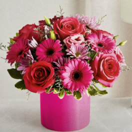 Pink and red rose bouquet in a bright pink box