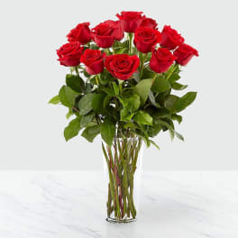 Red roses arranged in a clear glass vase