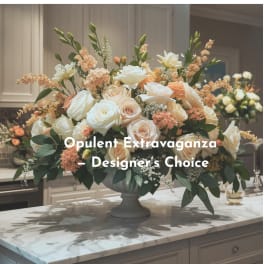 Large peach and white rose arrangement in a gray pedestal vase