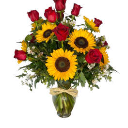 Red Roses and Sunflower Vase Bouquet