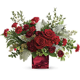 Red roses arranged in a square red vase with silver foliage