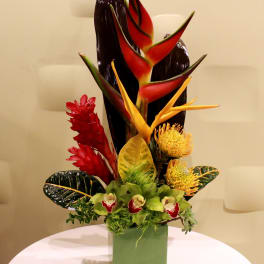 Tropical flower arrangement in a green square vase with red and yellow blooms
