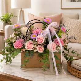 Pink and lavender flower arrangement in a brown gift bag with ribbon