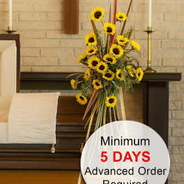 Tall easel spray of yellow sunflowers beside a wooden casket in a chapel setting