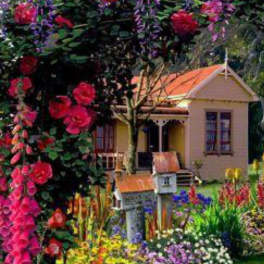 Colorful flower garden around a small house and birdhouses