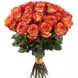 Bouquet of orange and yellow roses with dark green foliage