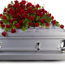 Red rose and carnation casket spray on a silver casket