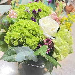 Bouquet of green hydrangeas with white and pink flowers in a black vase