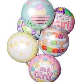 Cluster of round pastel balloons with baby girl and "It’s a Girl" messages