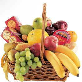 Fruit basket with bananas, grapes, pears, apples, oranges, and crackers