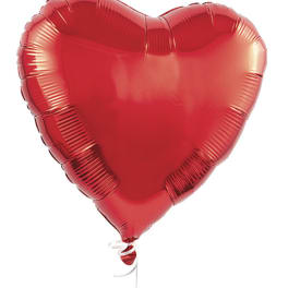Red heart-shaped foil balloon with a white ribbon tail