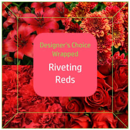Red roses, lilies, carnations, and mums arranged in a square graphic