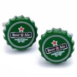 Pair of green beer bottle cap cufflinks with printed labels