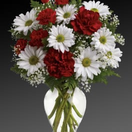 Red carnations and white daisies arranged in a clear glass vase