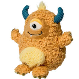Plush one-eyed monster toy with blue horns and a fuzzy tan body
