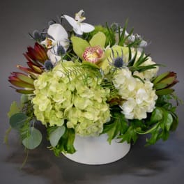 White and pale green floral arrangement in a white container