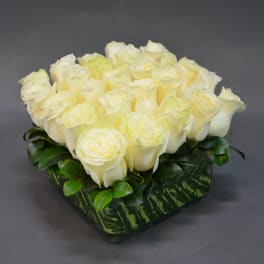 Cream rose arrangement in a low square vase