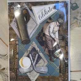 Decorative card with golf-themed cutouts and a "It's time to celebrate" sign