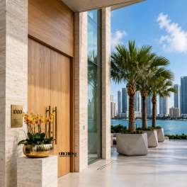 Yellow orchid arrangement in a gold bowl outside a modern building