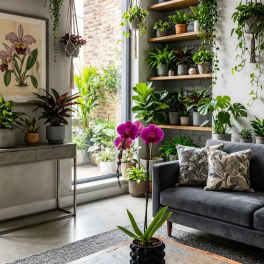 Potted purple orchids on a coffee table in a plant-filled living room