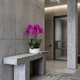 Potted pink orchid arrangement in a white planter on a concrete table
