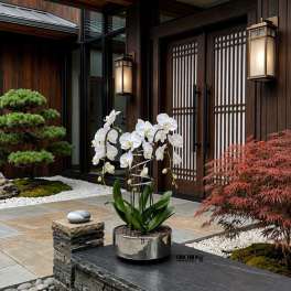 White orchid plant in a metallic pot on a stone bench