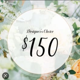Designer’s Choice $150 text over a soft pastel floral background