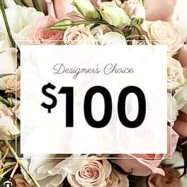 Blush and white roses with a $100 designer choice sign