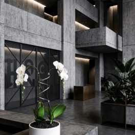White orchids in a round white pot with a metal support