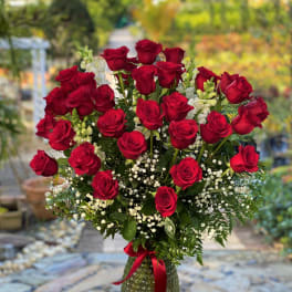 Bouquet of red roses in a glass vase with white filler flowers
