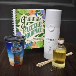 Gift set with a gratitude journal, tumbler, reed diffuser, and small bottle