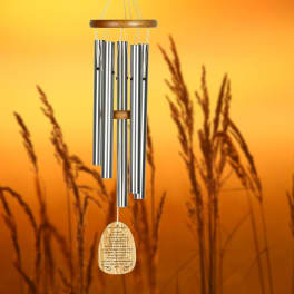 Silver wind chime with a wooden top and engraved pendant