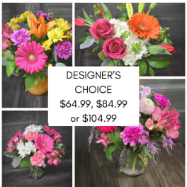 Collage of colorful mixed flower arrangements in vases with designer's choice pricing