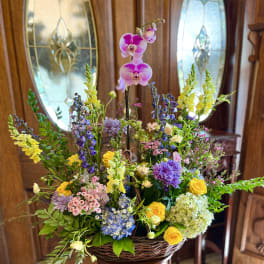 Large basket arrangement with orchids, roses, hydrangeas, and mixed blooms