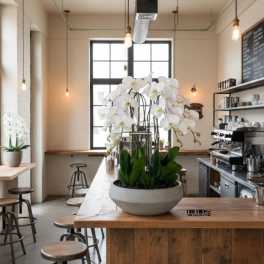 White orchid arrangement in a shallow gray planter on a wooden counter