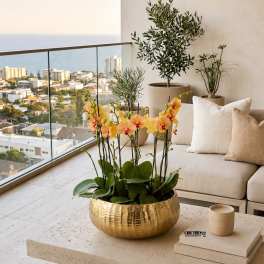 Potted yellow-orange orchids in a gold bowl on a patio table