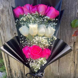 Bouquet of pink and white roses with baby's breath in black wrap