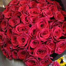 Large bouquet of red roses wrapped in dark paper