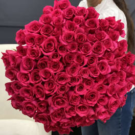 Large bouquet of hot pink roses held in front of a person