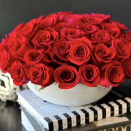 Round arrangement of red roses in a white bowl vase