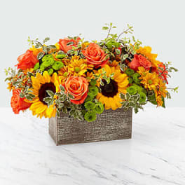 Orange roses and sunflowers arranged in a rectangular box