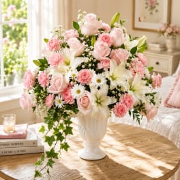 Pink and white flower arrangement in a white vase on a table