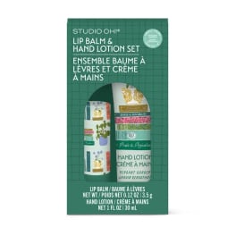 Lip balm and hand lotion set in green packaging