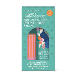 Tropical fruit lip balm and hand lotion set in teal packaging