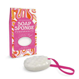Soap sponge in pink packaging with a white sponge and ribbon loop