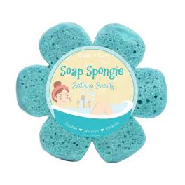 Flower-shaped blue bath sponge with a labeled center